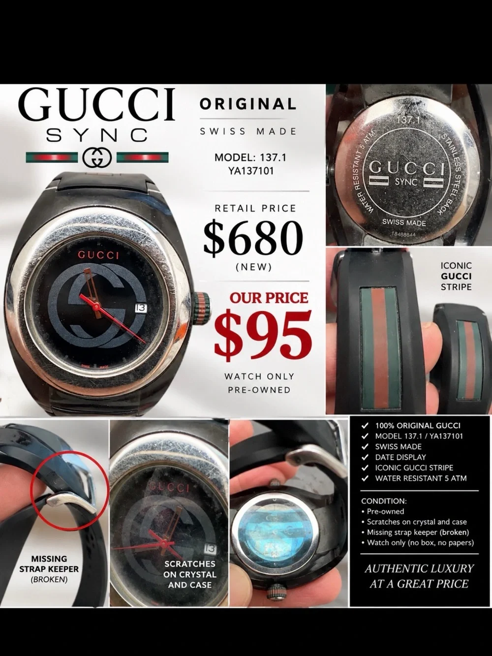 Gucci Men's Black Watch with Red and Green Stripe Silicone Strap